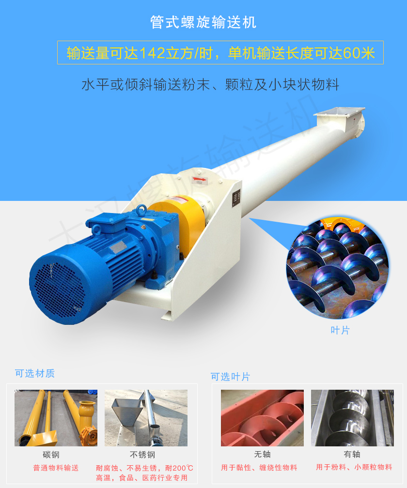 管式螺旋輸送機可用于水平、傾斜輸送粉末、顆粒及小塊狀物料，分有軸和無軸兩種